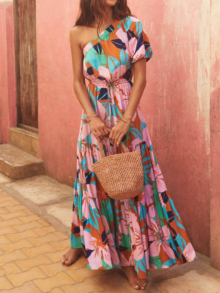 Off-Shoulder Palm Leaf Print Holiday Style Floral Dress