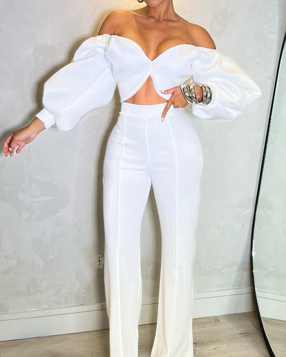 One shoulder solid color two piece set