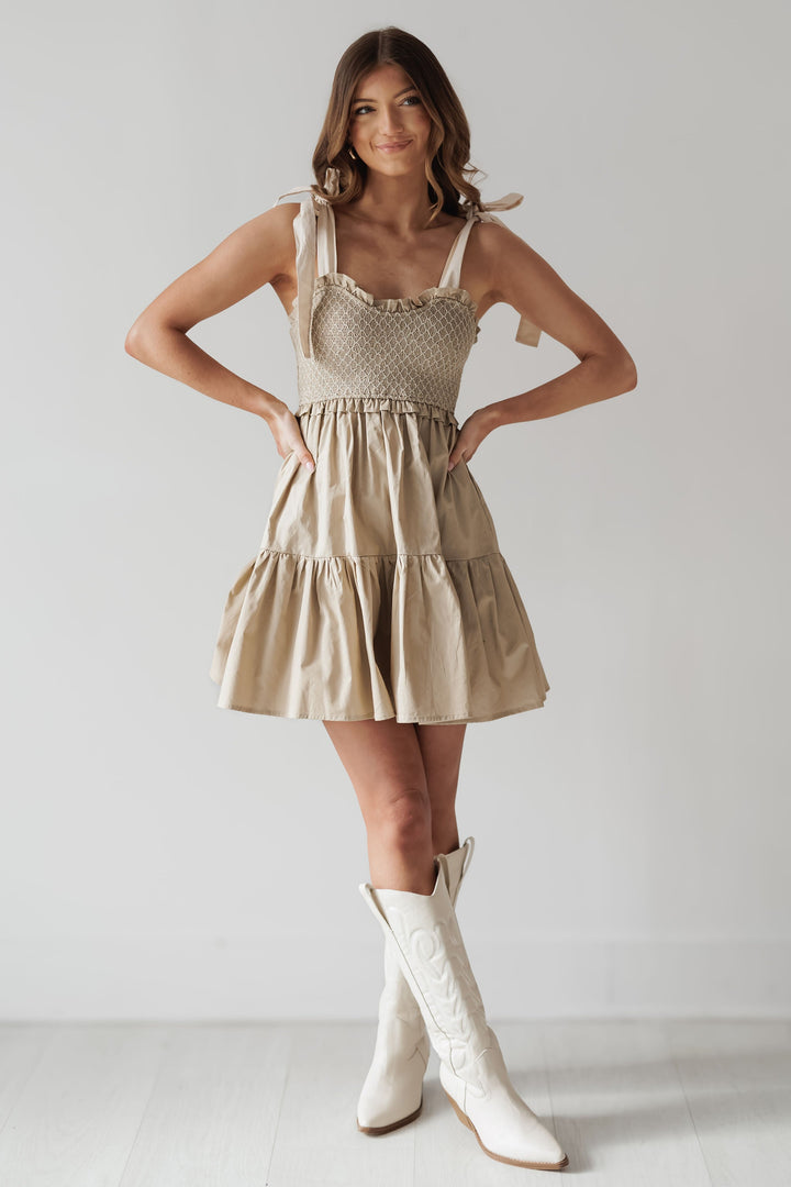 Iris Shoulder Tie Mini Dress - Khaki