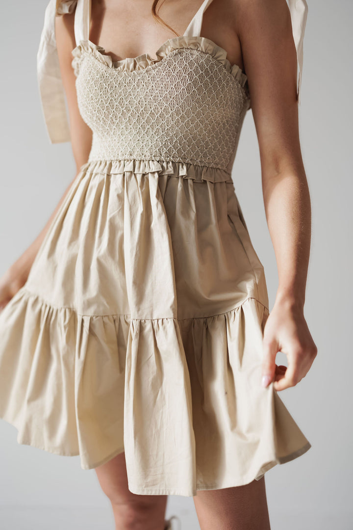 Iris Shoulder Tie Mini Dress - Khaki