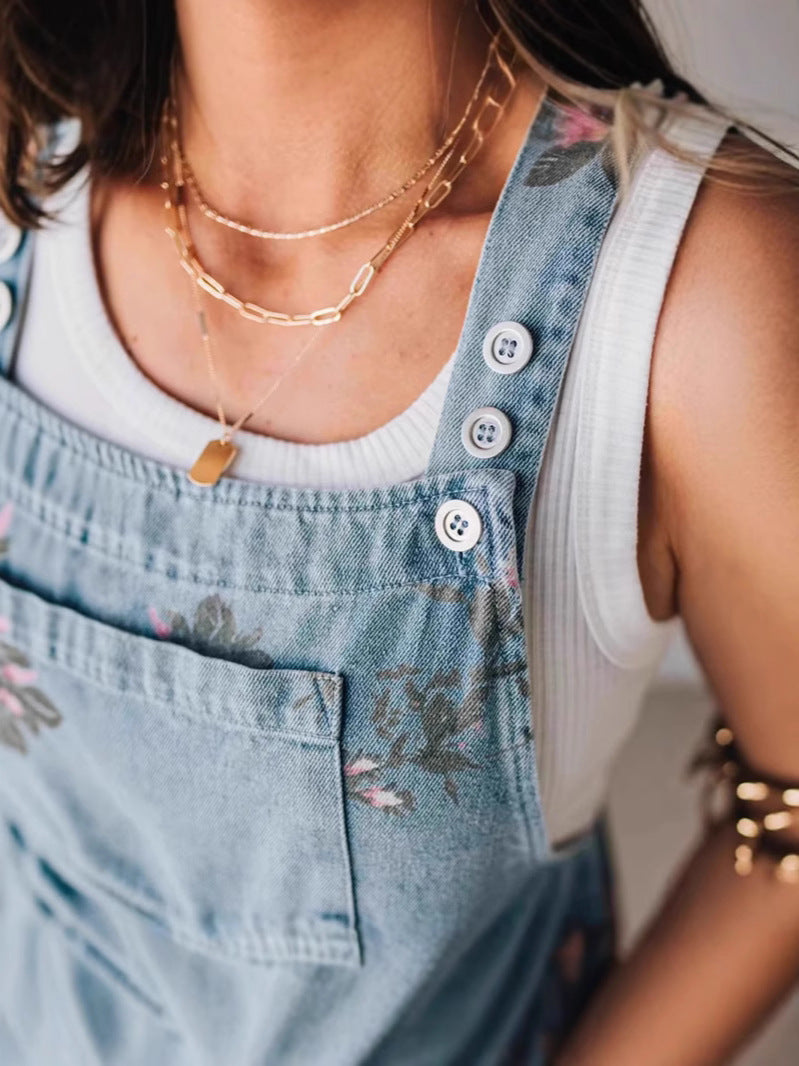 Women's Casual Printed Denim Overalls with Pockets