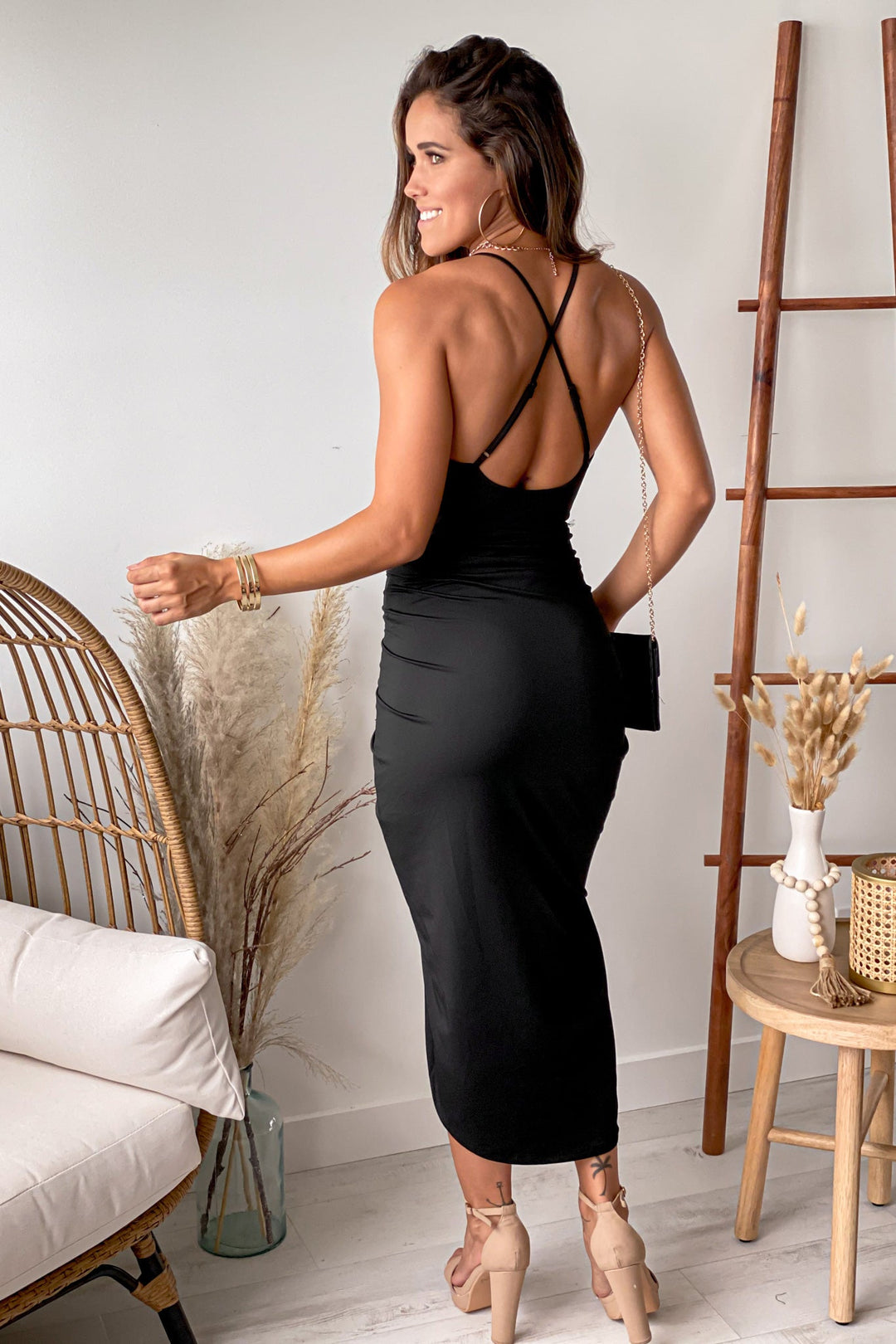 Black Midi Dress With Criss Cross Back