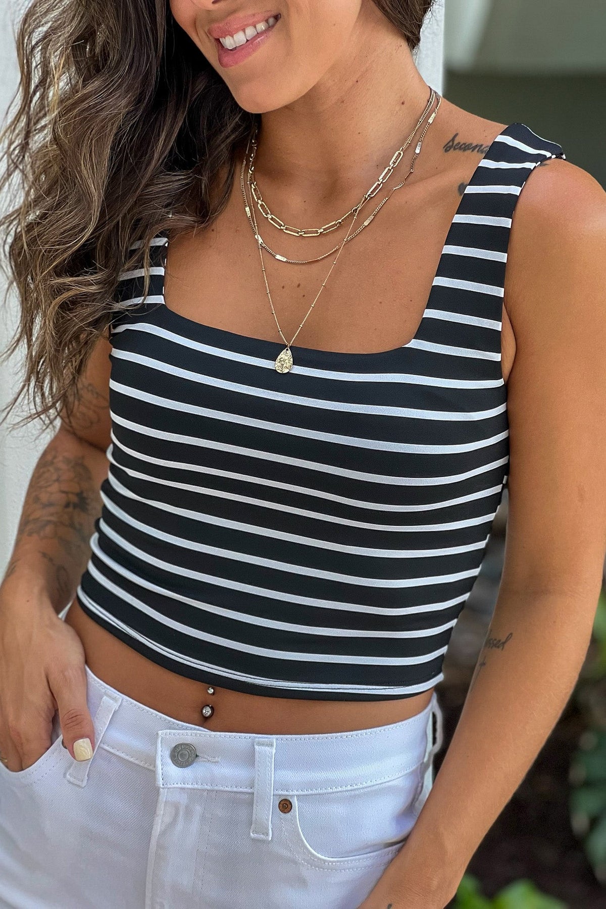 Black Striped Square Neck Crop Top