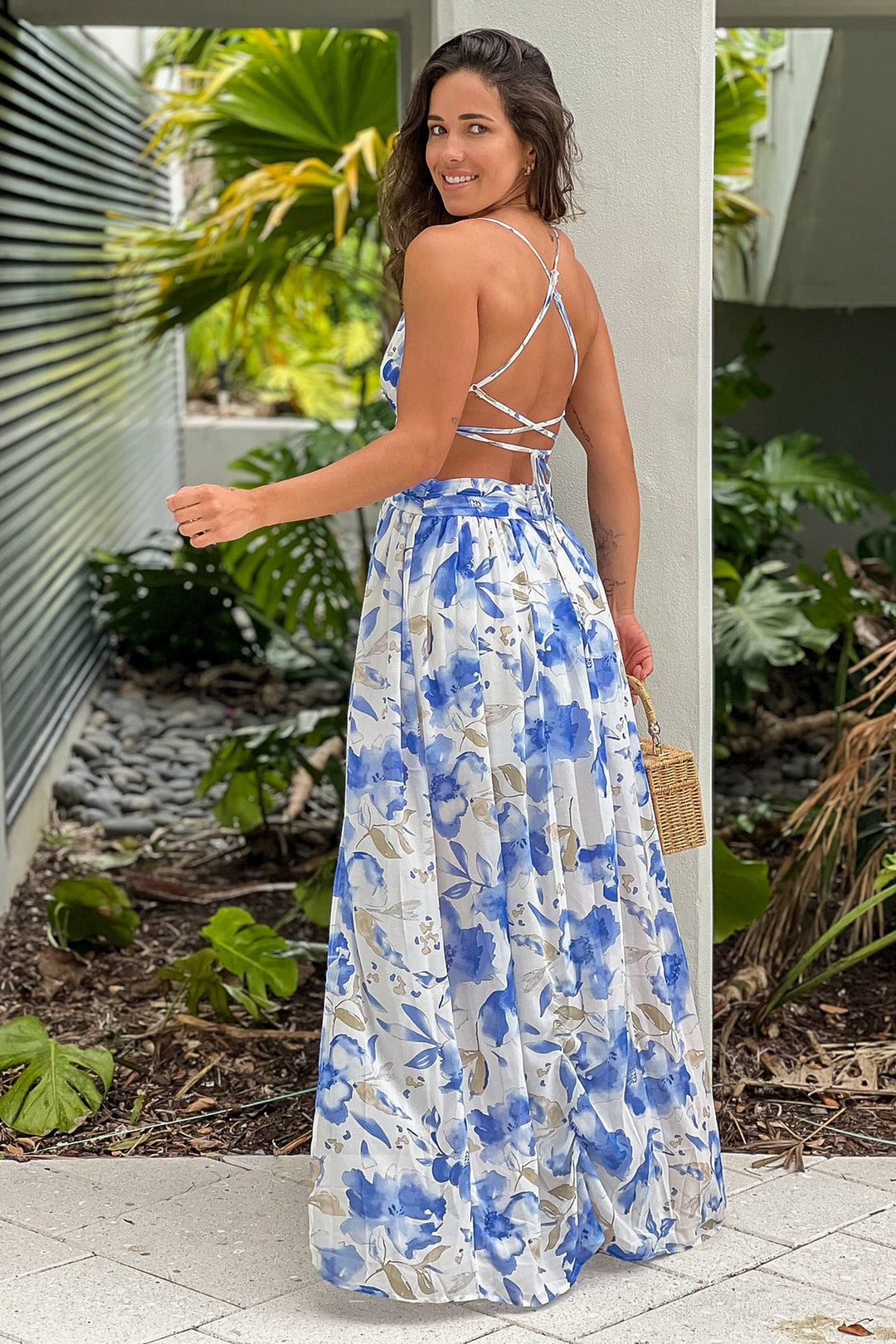 Blue Floral Maxi Dress With Cut Out And Slit