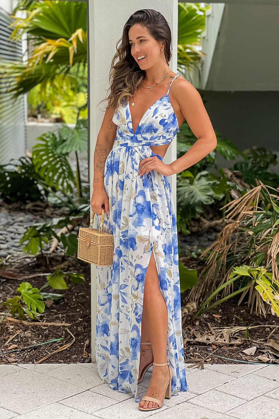 Blue Floral Maxi Dress With Cut Out And Slit