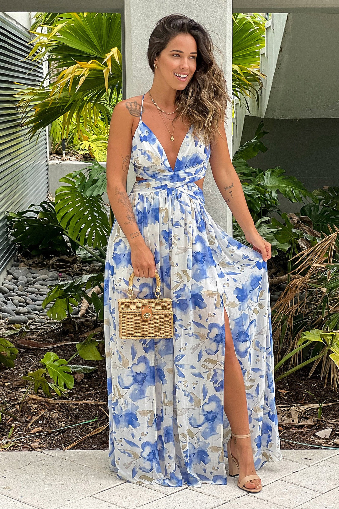 Blue Floral Maxi Dress With Cut Out And Slit