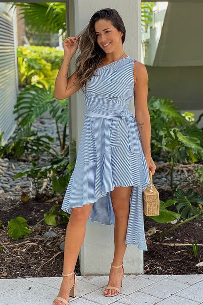Blue Striped One Shoulder Dress