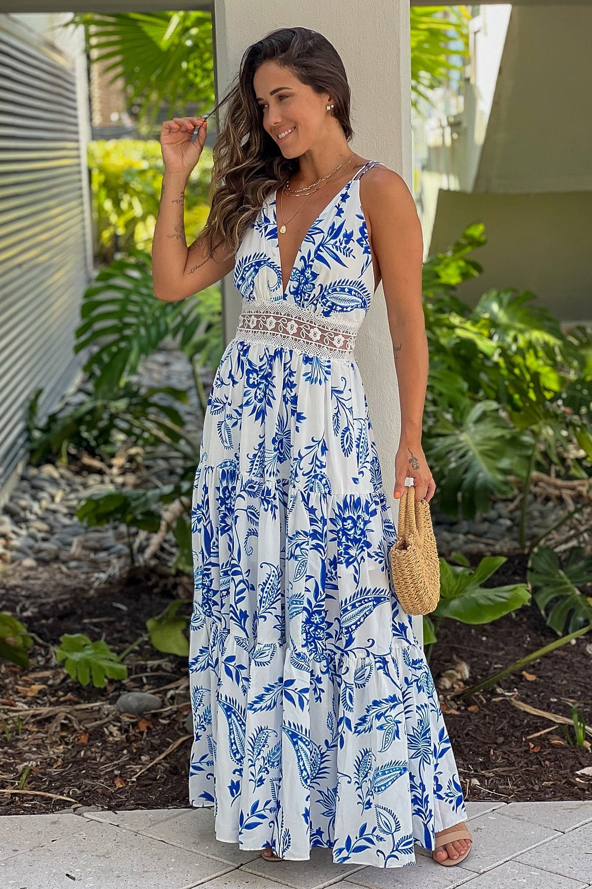 Blue Printed Maxi Dress With Lace Detail