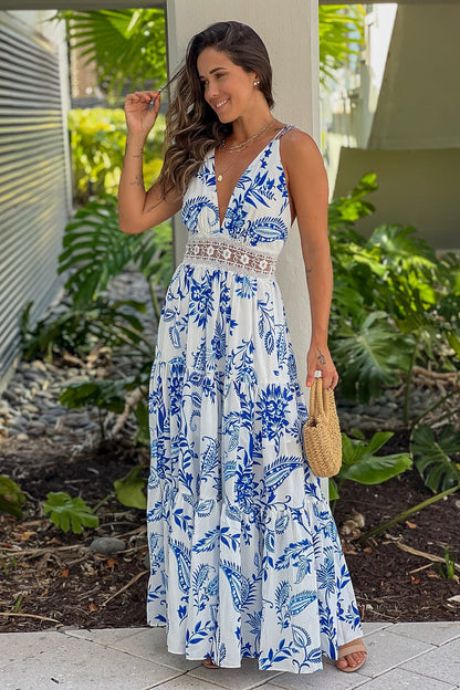 Blue Printed Maxi Dress With Lace Detail