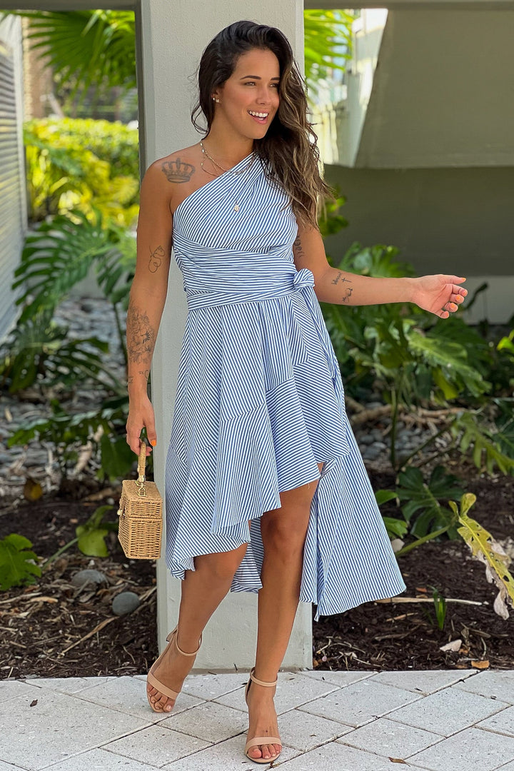 Blue Striped One Shoulder Dress