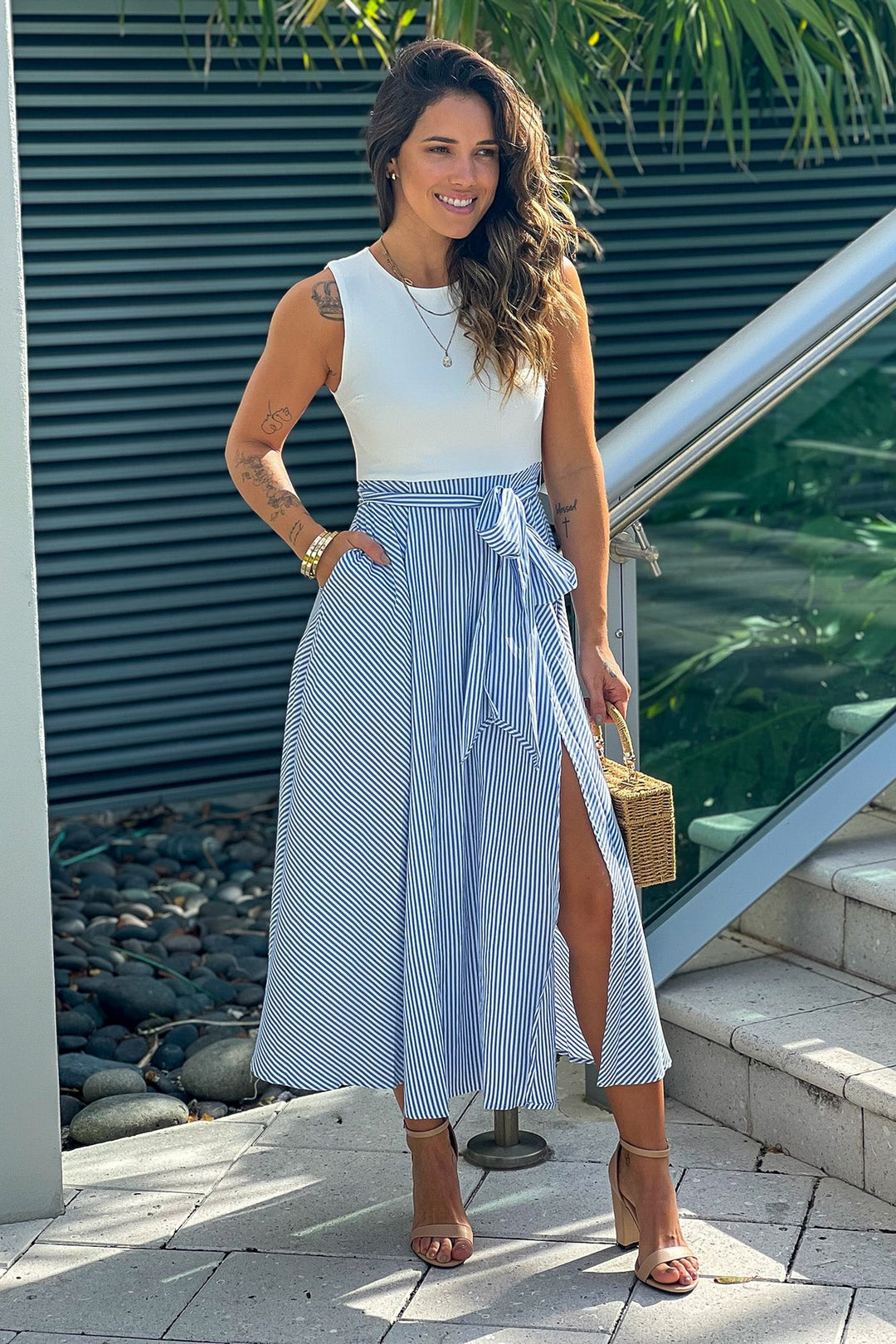 Blue Striped Midi Dress With Slit