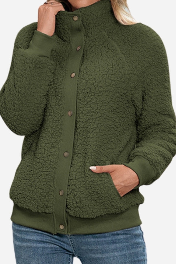 Snug Long-Sleeve Sherpa Button-Up Coat