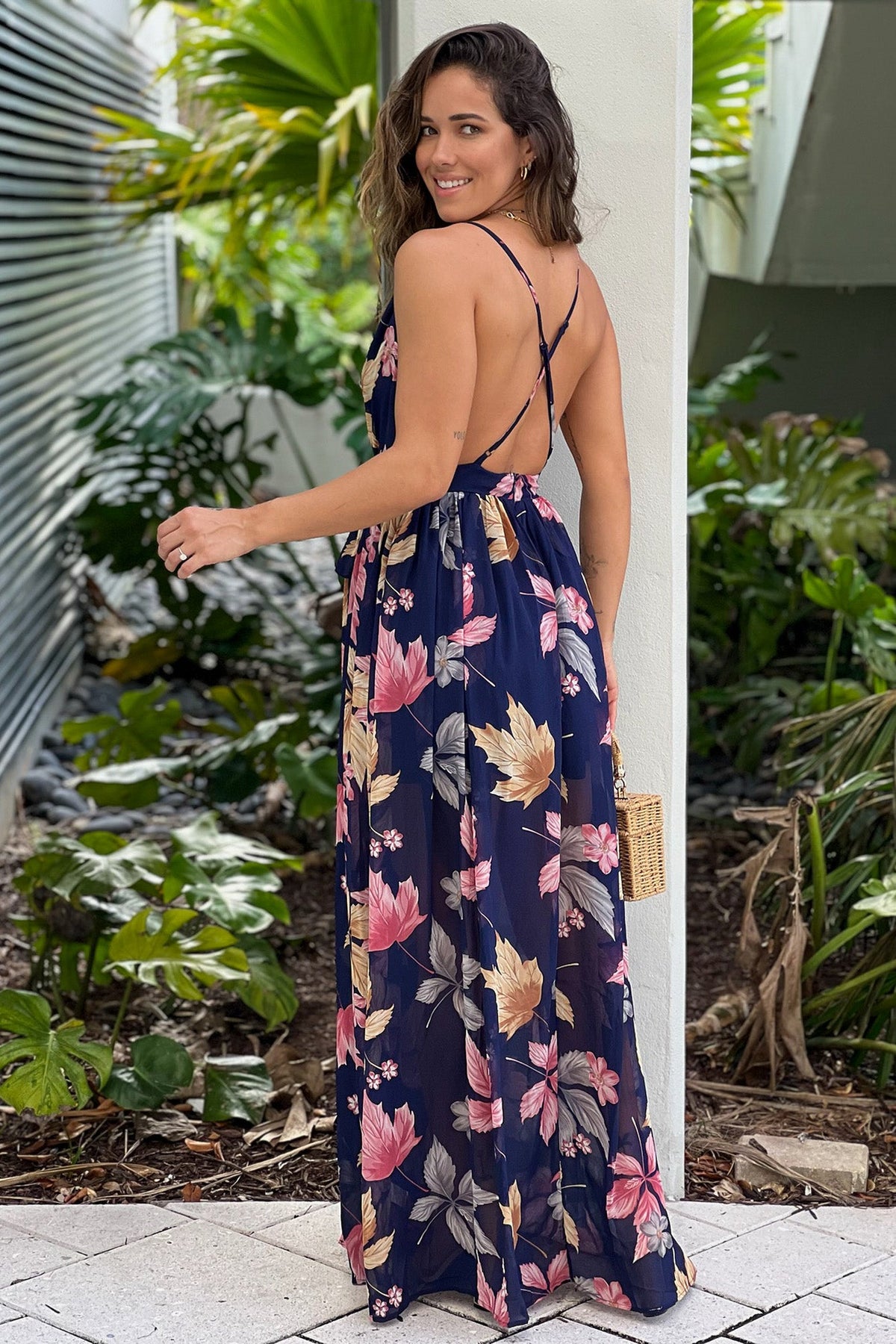 Navy Printed Maxi Dress With Slit