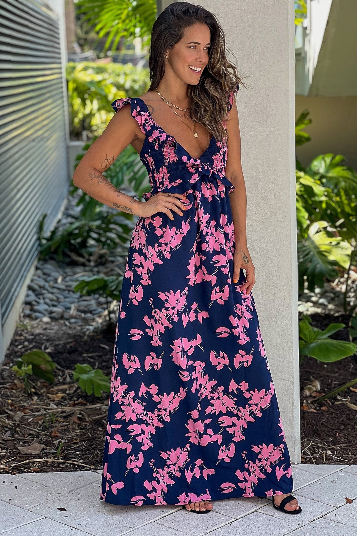 Navy Printed Ruffled Top Maxi Dress